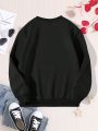 1pc Fashionable And Cute Heart Printed Fleece Round Neck Sweatshirt For Tween Girls