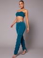 LOVING U Pleated Cropped Strapless Top And Ring Detail Wide Leg Pants Set