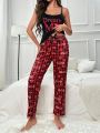 Letter Graphic Cami Top & Gingham Print Pants PJ Set