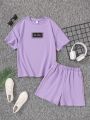 SHEIN Teenage Girls' Knit Letter Pattern T-Shirt And Shorts Set With Pockets, Casual