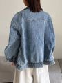 FRIFUL Women's Horn Button Drop-Shoulder Long Sleeve Denim Jacket