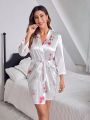 Flower Printed Robe With Waist Belt