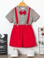 SHEIN Kids FANZEY Young Boy'S Pocket Front Plaid Short Sleeve Shirt And Suspender Shorts Gentleman Outfit Set