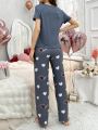 Colorful Heart Pattern Printed Short Sleeve Top And Pants Pajamas Set