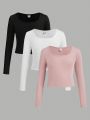 SHEIN Tween Girls' Knitted Solid Color Square Neck Long Sleeve 3pcs Outfit Set For Everyday Casual Wear