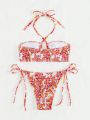 SHEIN Swim Vcay Women's Floral Printed Halter Neck Bikini Swimsuit Set