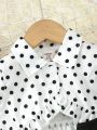 Baby Girls' Polka Dot Puff Sleeve White Top And Black Spaghetti Strap Dress Set