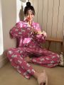 DAZY Kpop Ladies' Dog Printed Long Sleeve Top And Pants Pajama Set