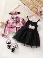 SHEIN 3pcs Baby Girls' Casual College Style Elegant Romantic Grid Fabric Outerwear Mesh Dress Set With Hair Accessory, Suitable For Outdoor Activities