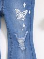 SHEIN Toddler Girls Butterfly Print Ripped Flare Leg Jeans