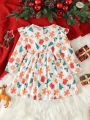 SHEIN Kids QTFun Toddler Girls' Lovely Christmas Printed Flared Sleeve Waist-tie Dress