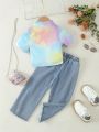 Toddler Girls' Tie-Dye Short Sleeve Top And Frayed Jeans Daily Fashionable 2pcs Set