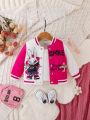 Baby Girl Rabbit & Letter Graphic Two Tone Varsity Jacket