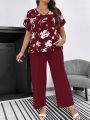 SHEIN LUNE Plus Floral Print Batwing Sleeve Top & Knot Front Pants