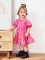 SHEIN Baby Girls' Casual Pink Puff Sleeve Turn-Down Collar Short Sleeve Dress