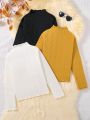 Girls' Ribbed Solid Color Three Piece Set Long Sleeve T-shirt