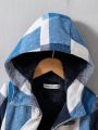 SHEIN Young Boy Plaid Print Thermal Lined Hooded Duffle Overcoat Without Sweater