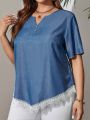 EMERY ROSE Plus Size Women'S Lace Panel Short Sleeve Shirt With Flare Hem