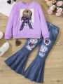 Big Girls' Alphabet & Character Printed Sweatshirt And Leopard Flare Pants Two Piece Set