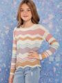 Girls' Colorblock Wave Pattern Round Neck Sweater