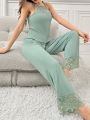 Women's Lace Splicing Halter Top And Long Pants Pajama Set