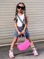 SHEIN Kids Y2Kool Young Girls' Summer Design Sense Casual Sleeveless Vest And Denim Shorts With Oblique Shoulder Strap Set