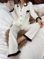 Ladies' Contrast Color Lapel Collar Long Sleeve Pajamas Set With Ear-Shaped Decoration & Long Pants