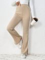 SHEIN LUNE Women's Color-block High Slit Burlap Striped Wide-leg Pants
