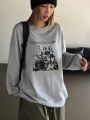 Dazy Star Women's Loose Letter & Character Printed Drop Shoulder Sweatshirt