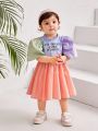 SHEIN Infant Girls' Color Block Casual Bubble Sleeve Dress With Letter Graphic And Frilled Hemline