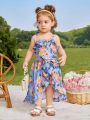 SHEIN Infant Girls' Summer Vacation Floral Patterned Strap Top With Ruffle Hem, Belt And Half Skirt Set