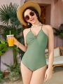 SHEIN Teen Girl Knitted Solid Color Crisscross Straps Casual One-Piece Swimsuit