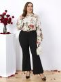 SHEIN Clasi Plus Size Floral Printed Flared Sleeve Stand Collar Shirt