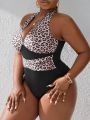 SHEIN Swim Chicsea Plus Size Leopard Print Splice Halter One-piece Swimsuit