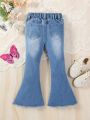 Little Girls' Y2k Style Stretchy Raw Hem Ripped Butterfly Printed Flare Jeans