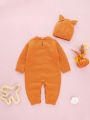 Baby Girl Halloween Pumpkin Pattern Knit Jumpsuit & Hat