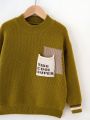 Boys' Casual Pullover Sweater With Text Print Patch Pocket And Round Collar, Winter