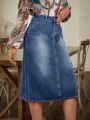 Denim Mini Skirt With Washed Finish And Split Hem