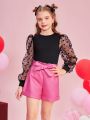 SHEIN Kids CHARMNG Big Girls' Knitted Mesh Net Patchwork Round Neck Long Sleeve Top With Lace Belt And Leather Shorts