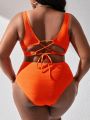 SHEIN Swim Vcay Women'S Plus Size Solid Color Bikini Set With Ruffle Design On The Top