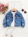 SHEIN Toddler Girls' Casual Butterfly Pattern Loose Fit Long Sleeve Denim Jacket