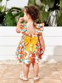 SHEIN Baby Girl's Casual Holiday Floral Pattern Colorblock Bowknot Flutter Sleeve Dress