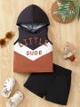 Baby Boy Color-Block Sleeveless Hoodie With Letter Print And Solid Shorts Outfit