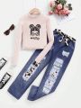 SHEIN Kids EVRYDAY Tween Girls' Knitted Cartoon Letter Pattern Round Neck Top And Jean Printed Pants Casual Two Piece Set