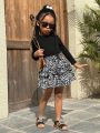 SHEIN Kids Cooltwn Toddler Girls' Casual Solid Color Long Sleeve Top With Floral Print Skirt