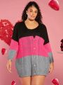 SHEIN CURVE+ Women's Plus Size Color Block Button Front Cardigan