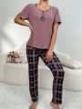 Color-Block Short Sleeve Top With Contrast Trim, Plaid And Floral Print Long Pants, Home Wear Suit