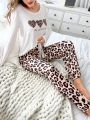 Leopard Print Heart Pattern Twinset Milk Silk Pajamas
