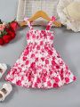 Baby Girl's Valentine's Day Floral Print Bow Knot & Ruffle Trim Patchwork Suspender Dress