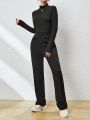 SHEIN Essnce Women's Ribbed Turtleneck Monochrome Jumpsuit